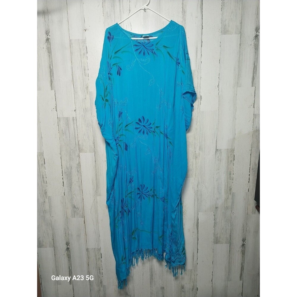 Patricia Women's One Size Blue Embroidered Kaftan With Fringe